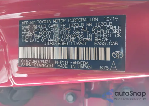 2016 Toyota Prius C Three z USA, uszkodzony, nr VIN JTDKDTB38G1116993